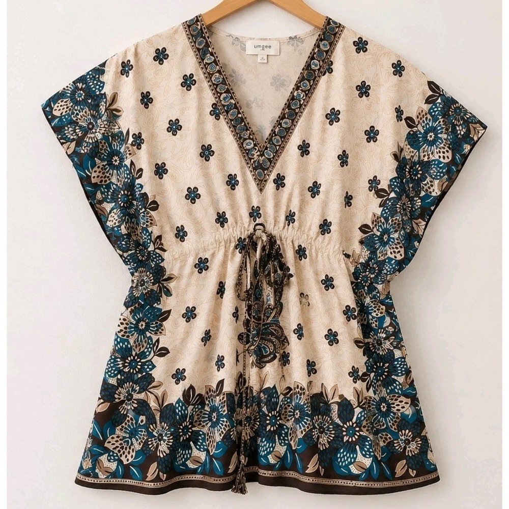 Umgee Teal Floral Border V-Neck Drawstring Camisole